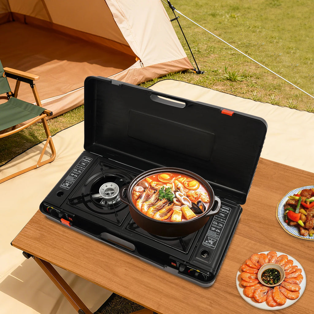 2-Burner Portable Camping Stove Butane Camping Stove Kit w/Baking Pan and Carrying Case Auto Ignition Camping Burner LPG