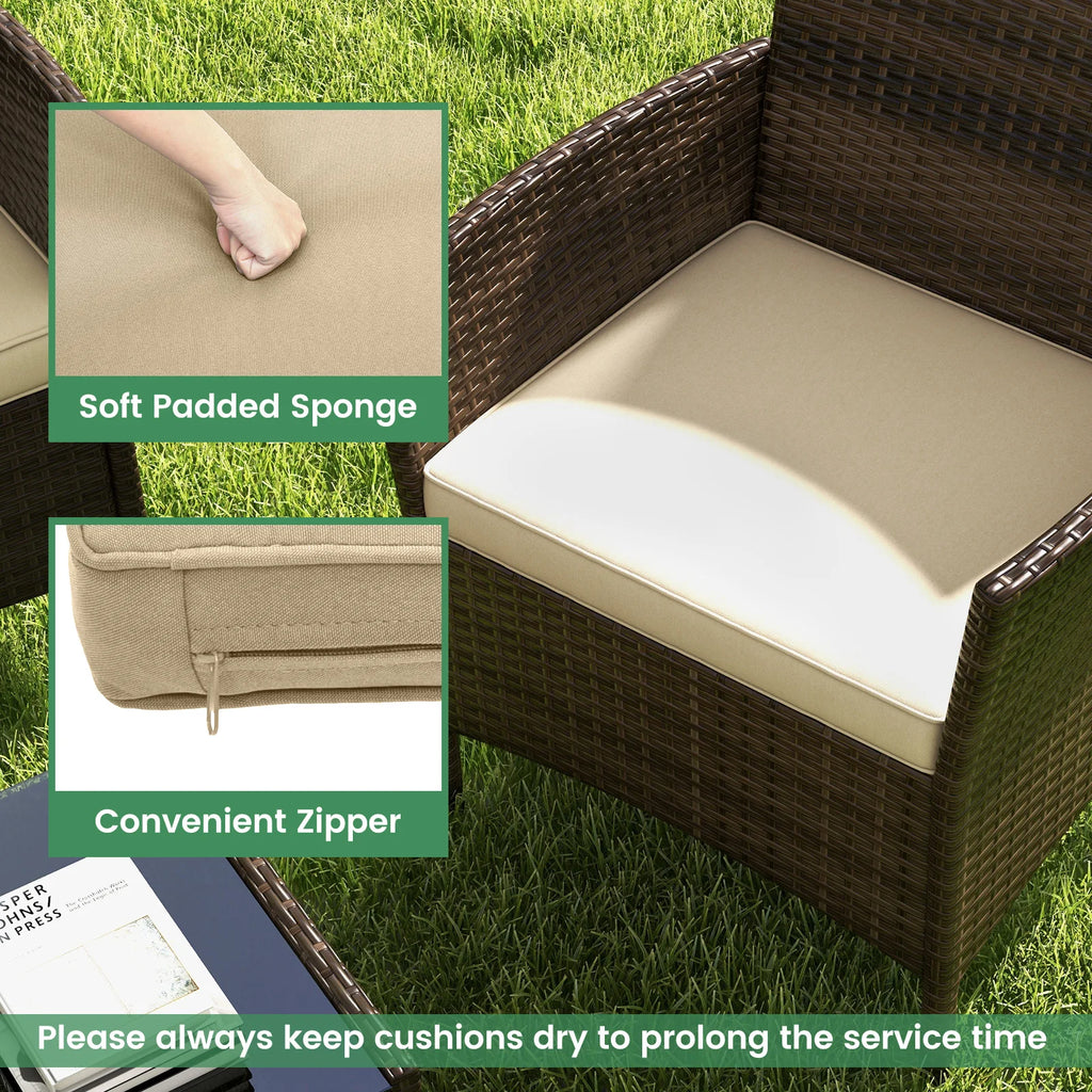 4 PCS Patio Furniture Set with Washable Cushions and Tempered Glass Coffee Table Beige