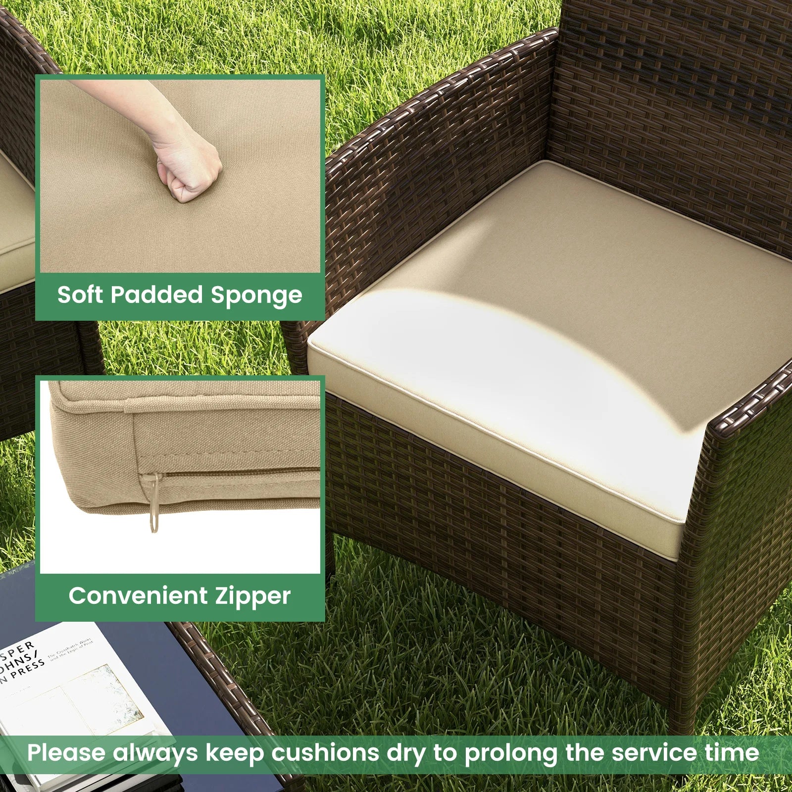 4 PCS Patio Furniture Set with Washable Cushions and Tempered Glass Coffee Table Beige
