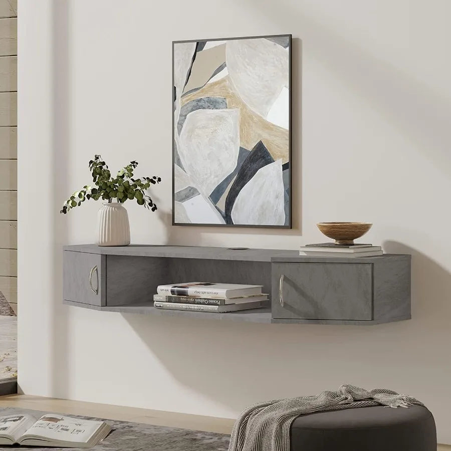 Floating TV Stand for TV up to 60 Wall Mounted TV Shelf with Door Wood Media Console Entertainment Center Under TV Grey