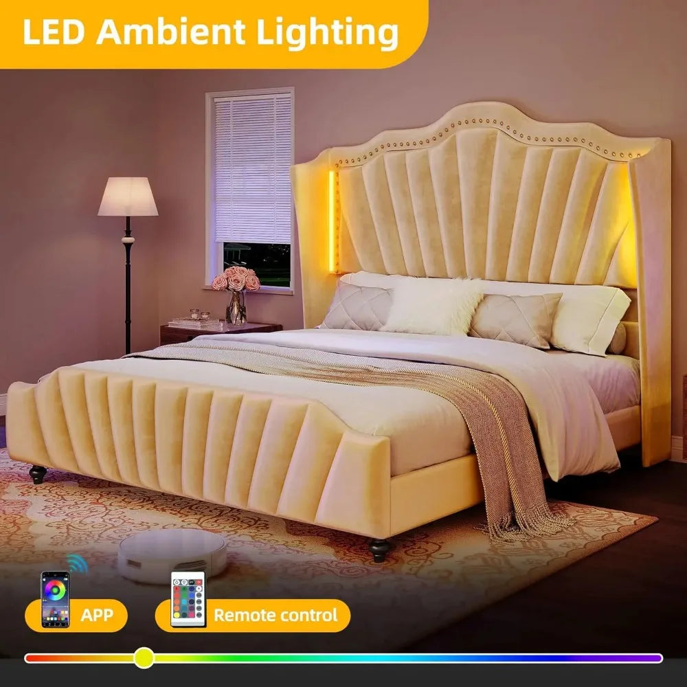 LED Queen Size Bed Frame with 60" Tall Wingback Headboard and Footboard, Solid Wood Leg, No Box Spring Needed, Easy Assembly