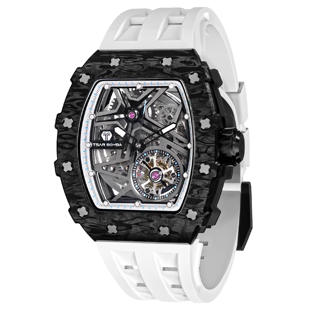 TSAR BOMBA Automatic Watch Men Carbon Fiber Mechanical Wristwatch Skeleton Clock Mens Tonneau Luxury Watches