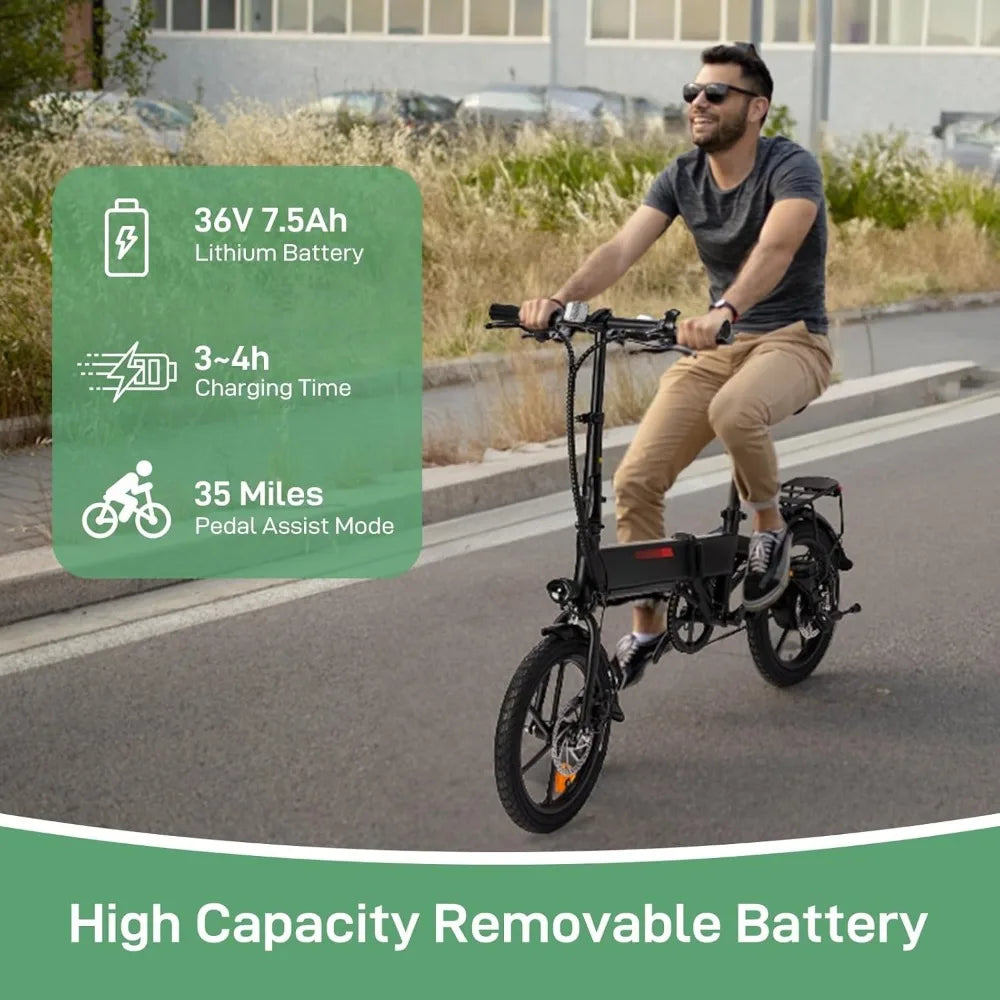 Adult 16 Inch Electric Bike Folding E-Bike 350W Motor Dual Disc Brakes Pedal Assist 35 Miles Range 15.5 Mph Speed Limit