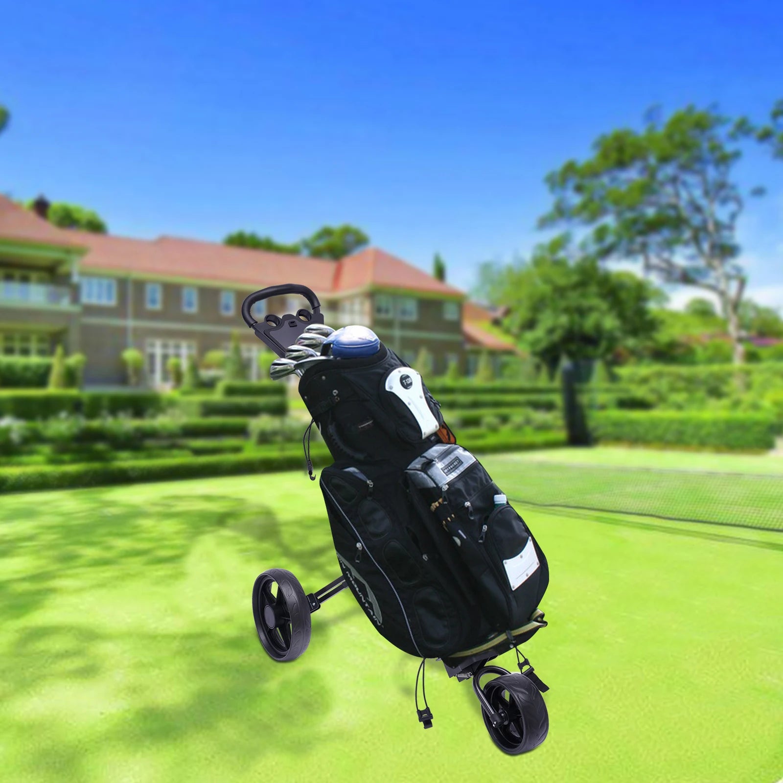 Golf Push Cart Ball Storage Rack 3 Wheel Foldable/Collapsible Golf Push Cart with Foot Brake Open and Close in ONE