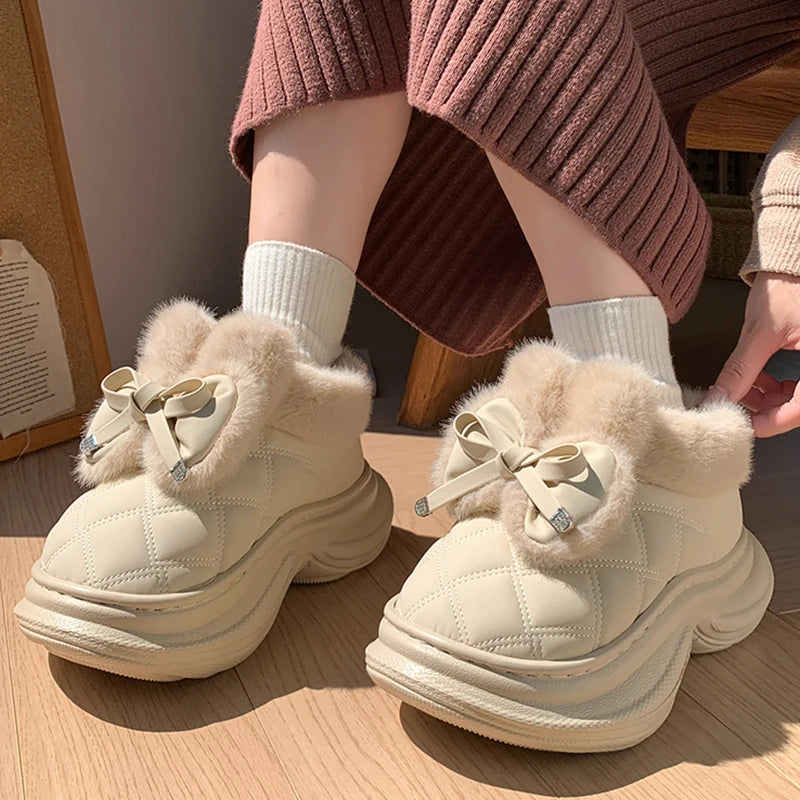 Sweet Bowknot Furry Indoor Slippers Women 2025 Winter Soft Thick Bottom Fluffy Fur Home Slippers Warm Plush Platform Slides