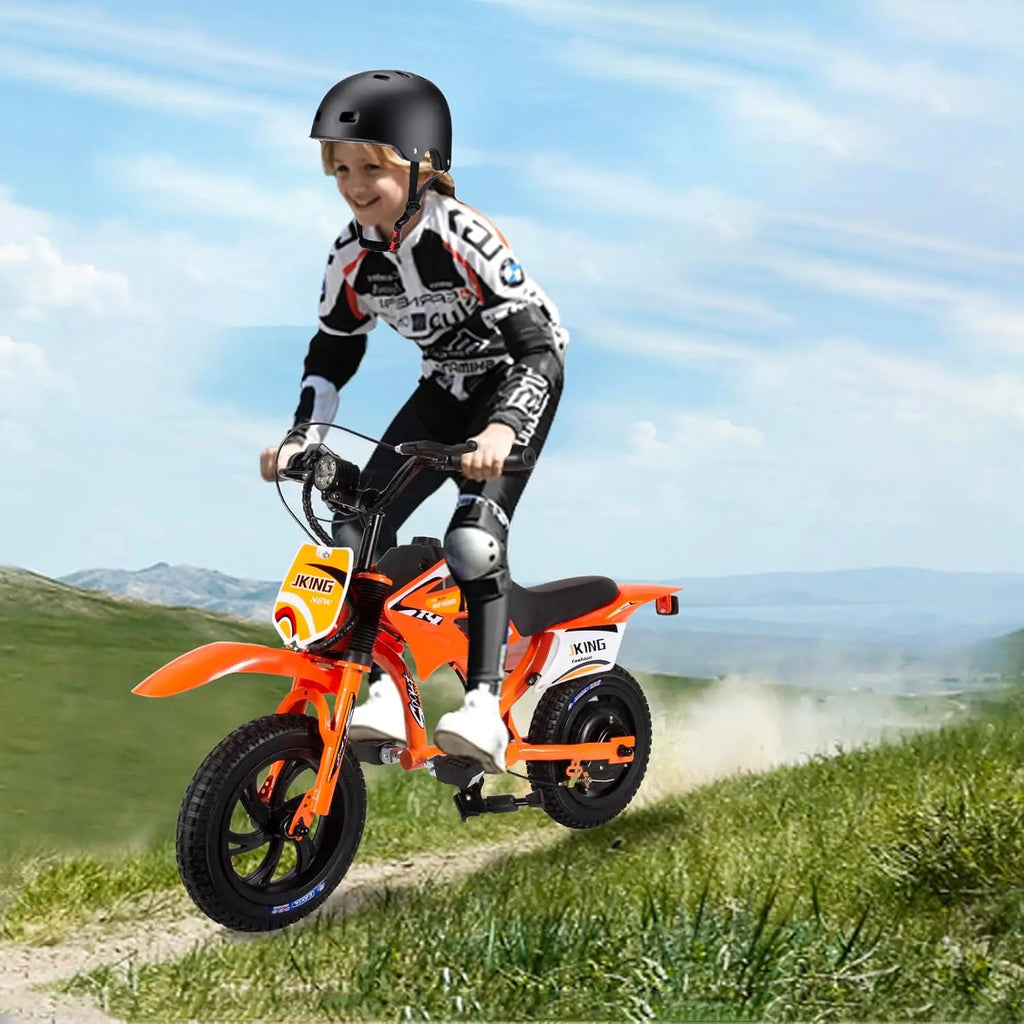 Kids Electric Dirt Bike C6, 12-inch 300W Brushless Motor, 3-Speed LCD, 10 MPH Top Speed, Orange