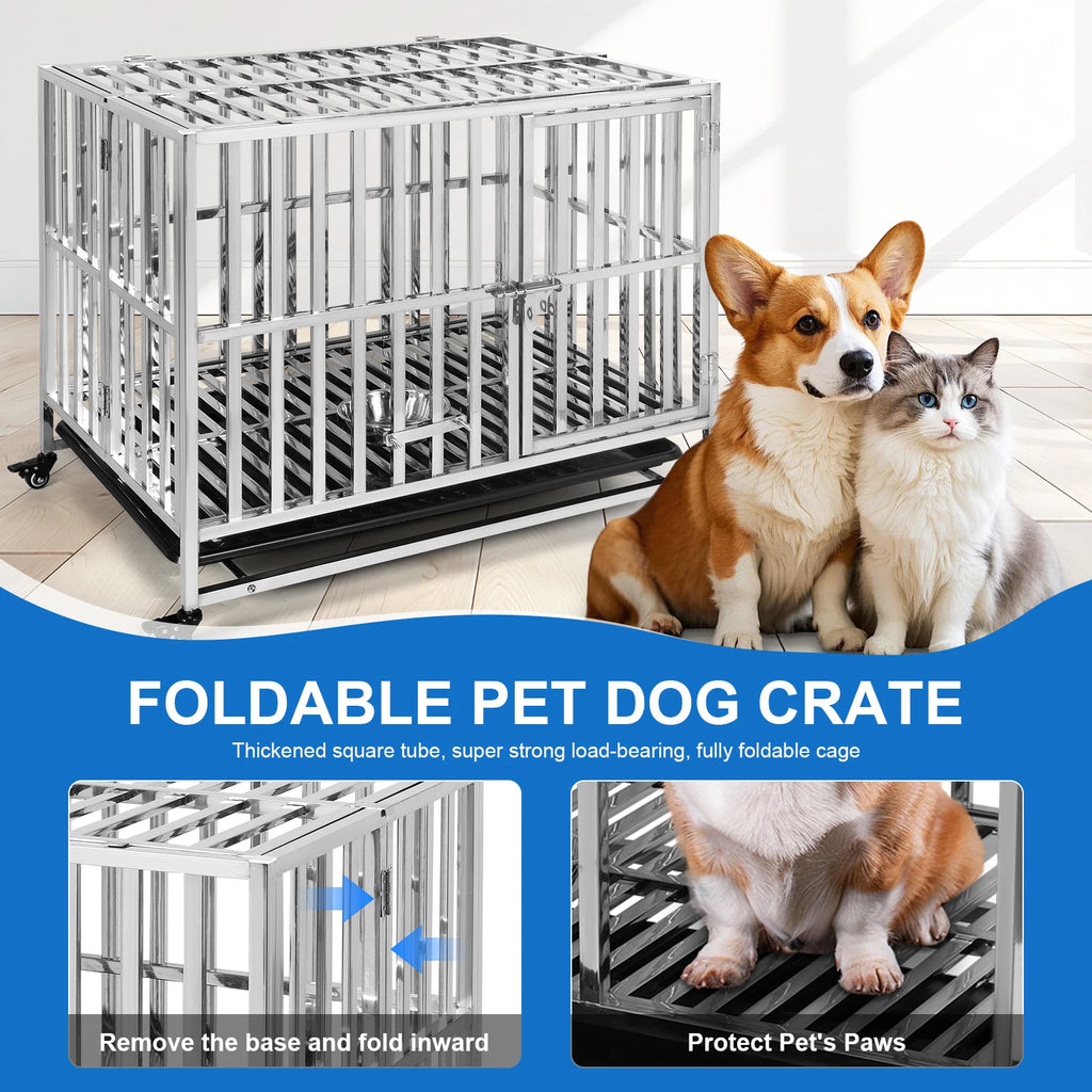 37 Inch Steel Tube Wire Drop Dog Crates with Tray Feeding Bowl Dog Crate Cage Kennel for High-Anxiety and Extra Large Dogs