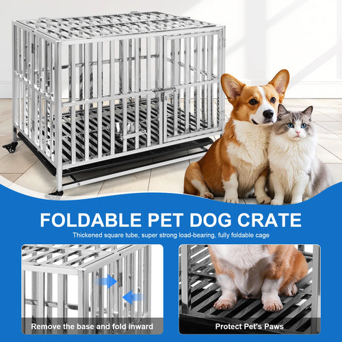 37 Inch Steel Tube Wire Drop Dog Crates with Tray Feeding Bowl Dog Crate Cage Kennel for High-Anxiety and Extra Large Dogs