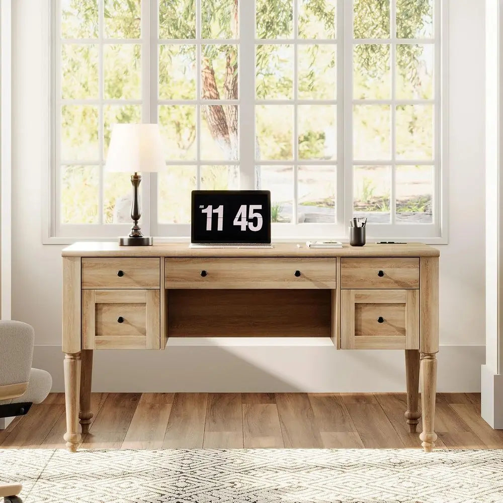 Executive Desk with Charging Station, 5 Drawers, Oak Wood, 55 for Home Office and Study