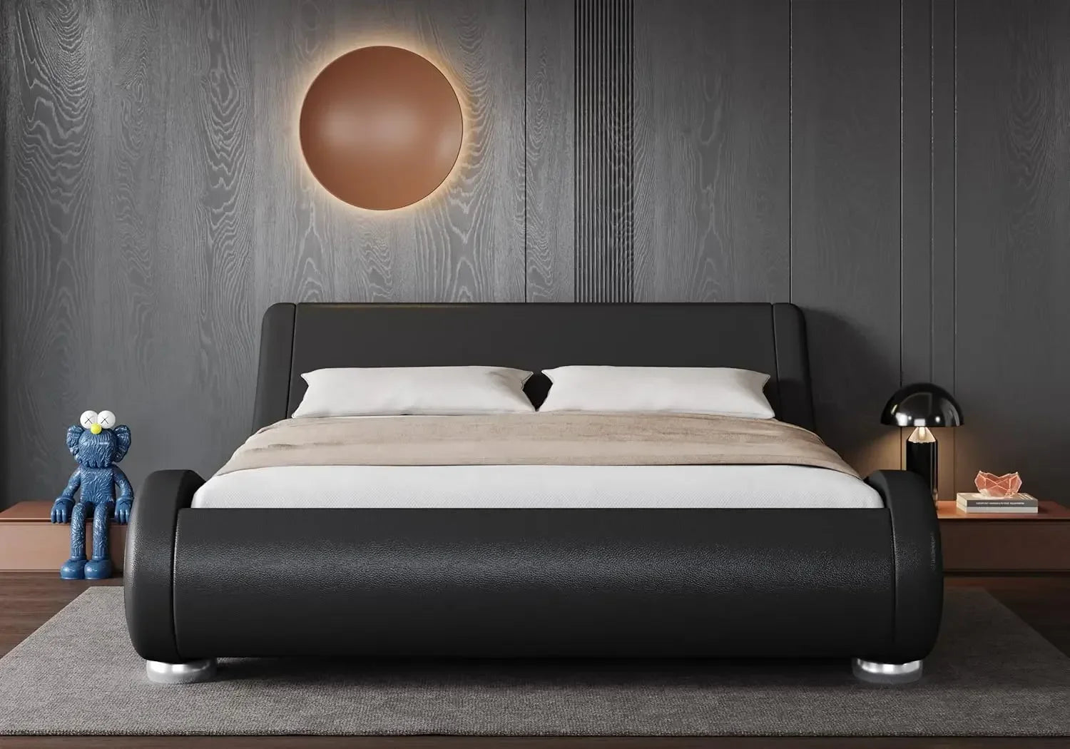 Large bed frame, ergonomic, adjustable headboard, low profile modern cushioned platform sled design - easy to assemble, black
