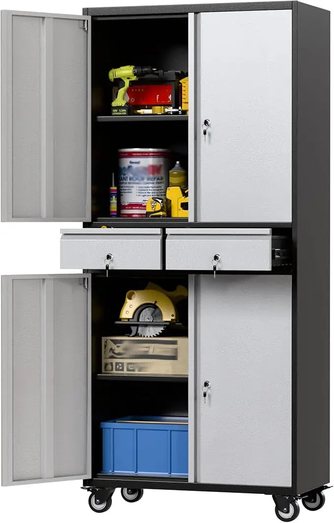 Portable 2-Drawer Metal Storage Cabinet with Adjustable Shelves, Lockable Rolling Tool Chest for Garage and Workshop