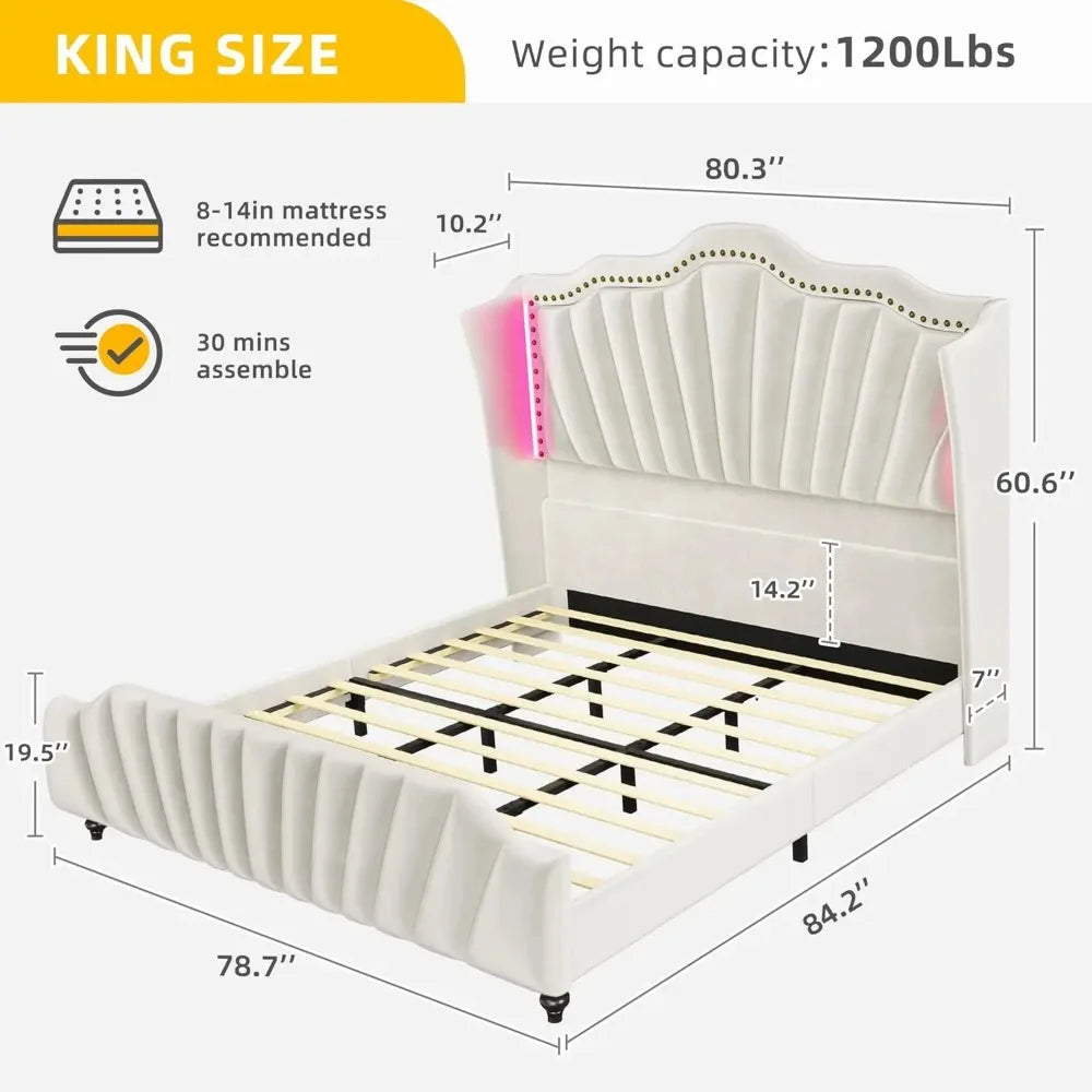 LED Queen Size Bed Frame with 60" Tall Wingback Headboard and Footboard, Solid Wood Leg, No Box Spring Needed, Easy Assembly