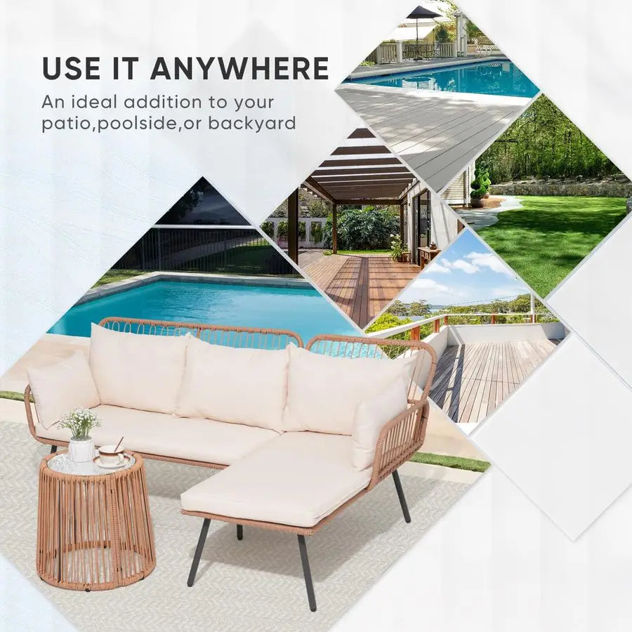 Outdoor Patio Furniture Set, 3 Piece Wicker Rattan Outdoor Balcony Furniture Set, LShaped Patio Conversation Sofa Set with Cush