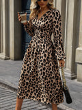 Casual Leopard Print Lantern Sleeve Ruched Waist Dress, Autumn Maxi Women Outfit Fall Cloth For Women