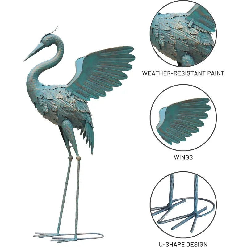 33-37 Inch Crane Statues Set of 2, Spread Wings Metal Bird Sculpture for Outdoor Lawn & Patio