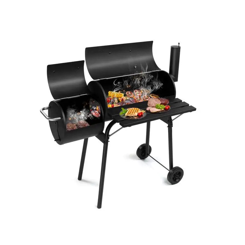 Charcoal Barrel Grill with Offset Smoker, All-Metal Outdoor BBQ with Side Table & Wheels for Garden, Patio, & Backyard