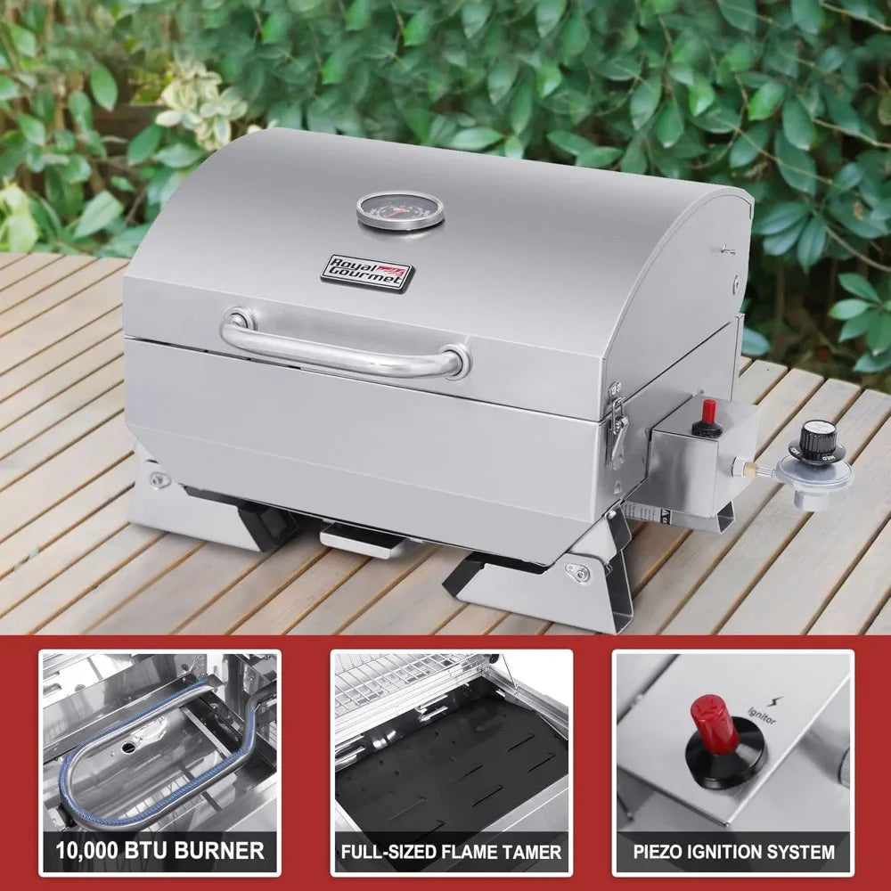 GT1001 Stainless Steel Portable Grill, 10000 BTU BBQ Tabletop Gas Grill with Folding Legs and Lockable Lid, Outdoor Camping, De