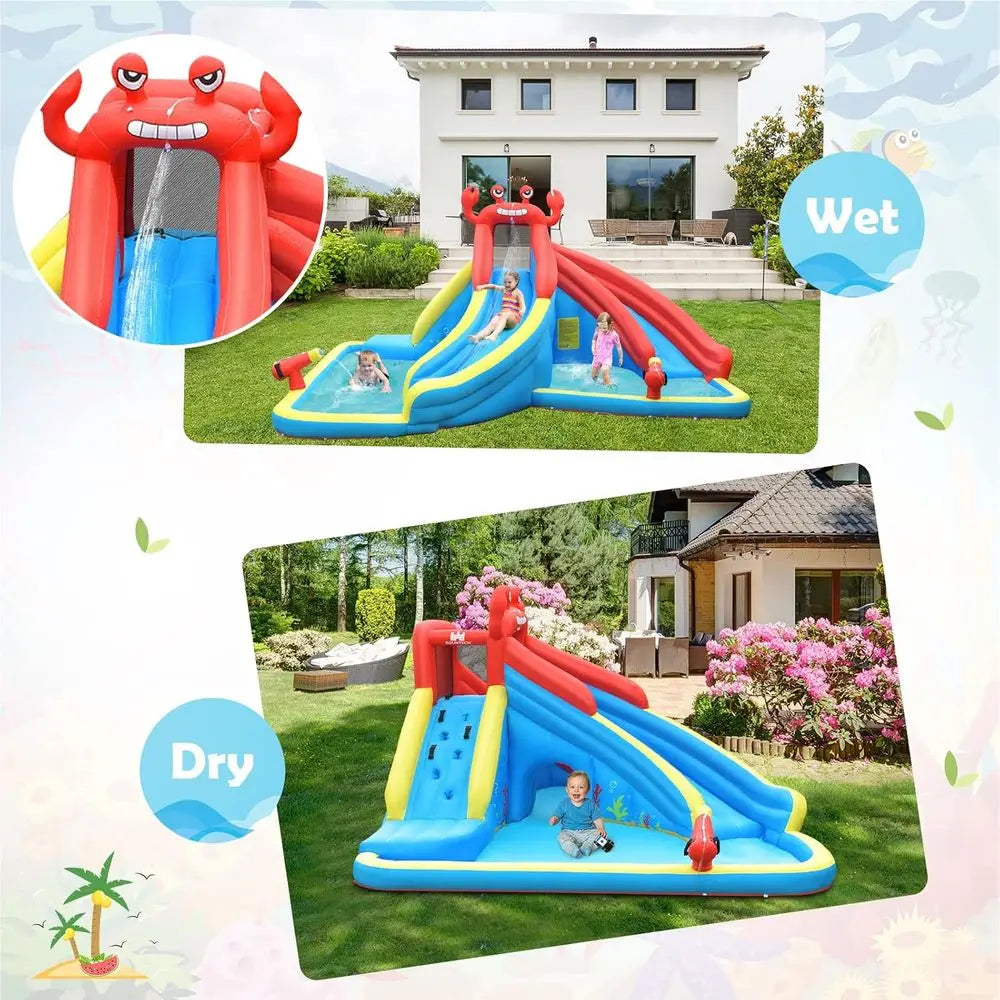 Iatable Water Slide, Crab Theme Kids Waterslide Park Outdoor with Dual Slides for Racing Fun/Climbing/Hide&Seek Cave, Blower, Bl