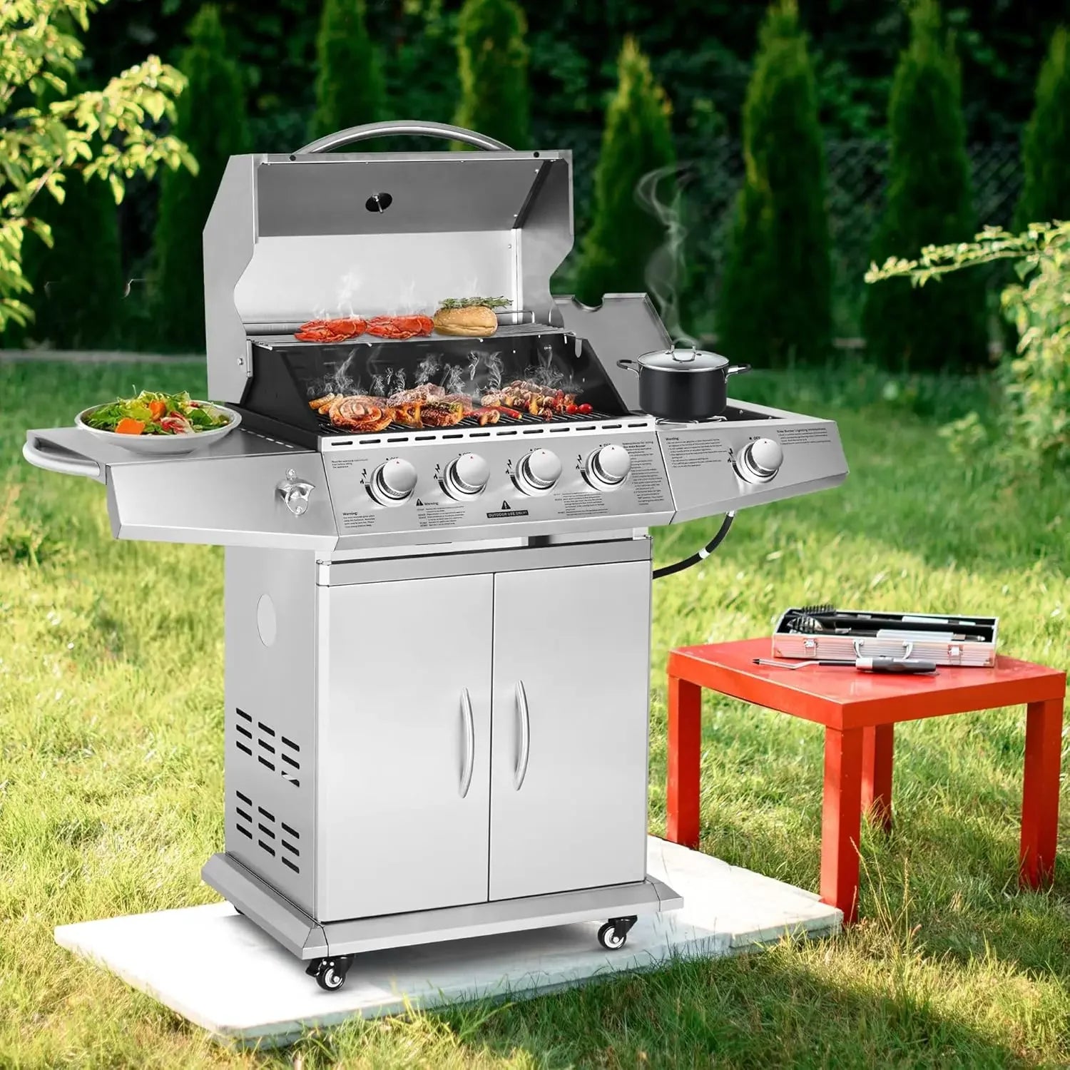 Propane Gas Grill 4 Burners with Side Burner, Stainless Steel Grill Cart with Wheels for Outdoor Patio Garden Backyard Cooking b