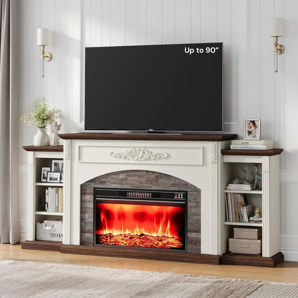80" Electric Fireplace with Mantel,Fireplace TV Stand for TVs Up to 90"Modern Entertainment Center with Realistic Stacked Stone