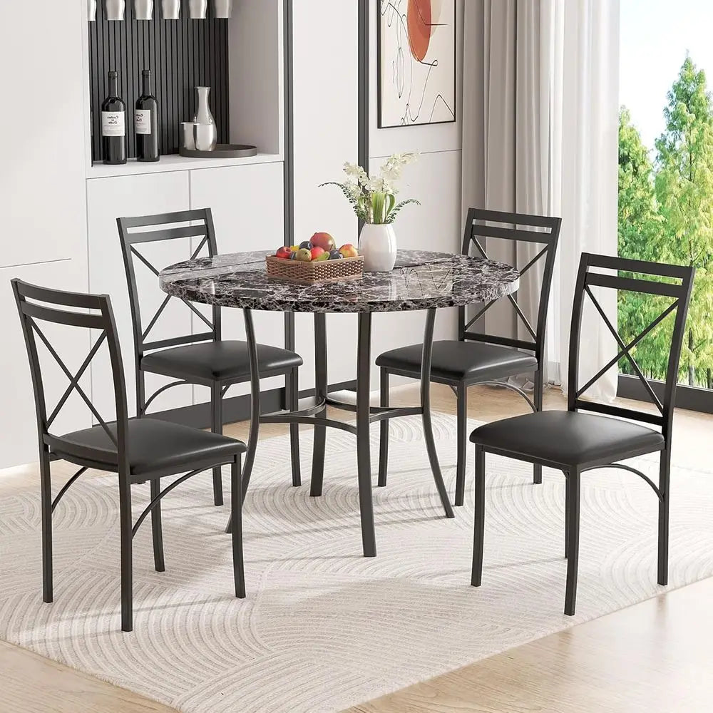 Space-Saving Grey Faux Marble Round Dining Table for 4 with Metal Frame, Ideal for Kitchen and Apartment
