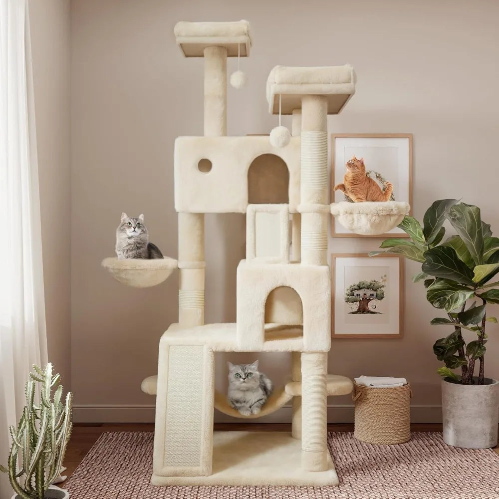SHA CERLIN 65in Larger Cat Tree Tower Condo for Indoor Kitties/Multi-Level Furniture Activity Center with Wide Base/Cozy Plush C