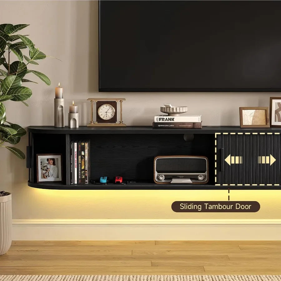 63 Floating TV Stand with Power Outlet for TVs up to 75 Fluted Entertainment Center with Remote Control LED Lights Mid-Century