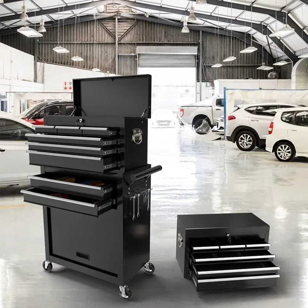 4-Wheel Portable Tool Chest with Lockable Top Box, 8-Drawer Storage for Garage and Warehouse (Stylish Black)