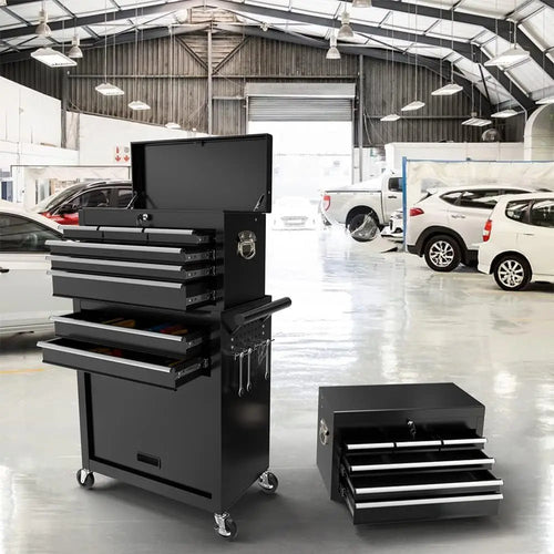 4-Wheel Portable Tool Chest with Lockable Top Box, 8-Drawer Storage for Garage and Warehouse (Stylish Black)