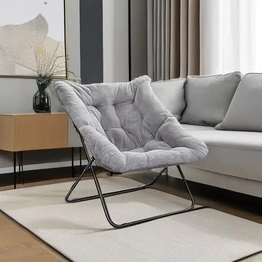 Oversized Faux Fur Saucer Chair, Foldable Lounge Chair for Bedroom Living Room Dorm, Grey X-Large
