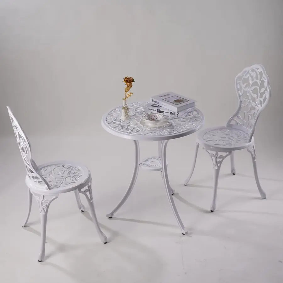 Patio Bistro Sets 3 Piece cast Aluminum Patio Furniture Outdoor Garden Metal Rust Proof Tables and Chairs White bisrto Set Leaf