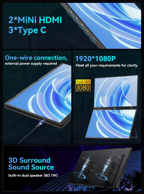 18.5" Triple Portable Monitor 100Hz 1080P Large Folding Stacked External Mobile Computer Display for Laptop PC Phone Game Consol