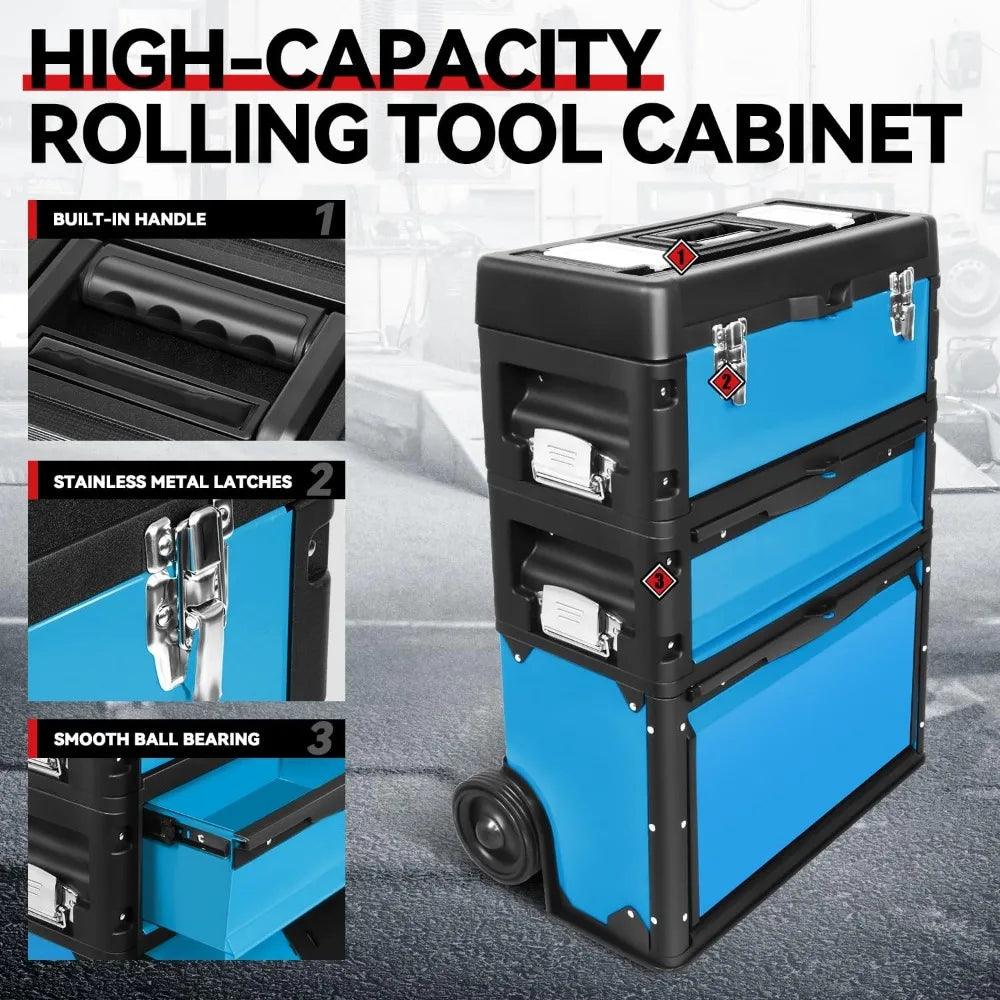 Portable 3-Tier Rolling Tool Box, 19.5 Inch Stackable Storage with Wheels, Heavy Duty Steel and Plastic Construction for Worksho