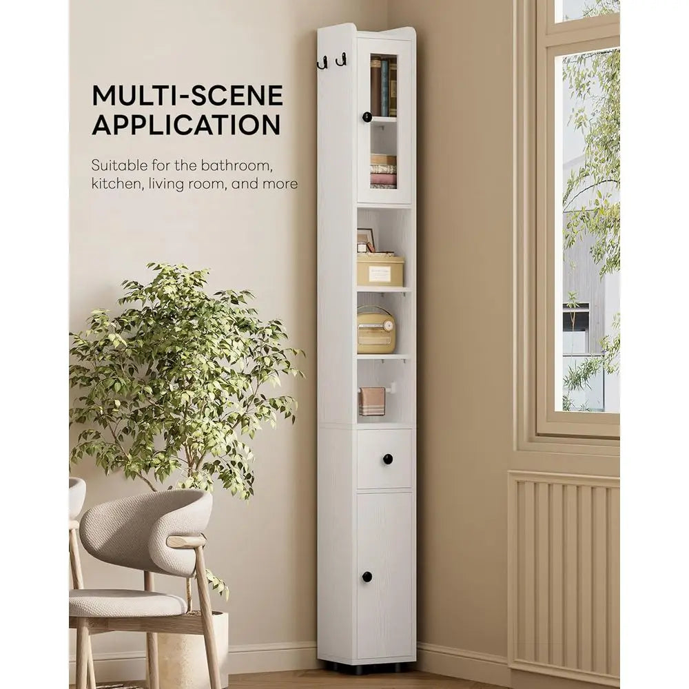 71" Tall Bathroom Storage Cabinet, Narrow Storage Cabinet with Adjustable Shelves, Toilet Paper Rod and 2 Hooks, Freestanding Sl