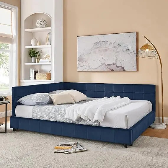 SOFTSEA Queen Size Upholstered Corner Daybed, Modern L-Shaped Daybed with Tufted Backrest, Velvet Corner Bed Floor Bed Frame wit