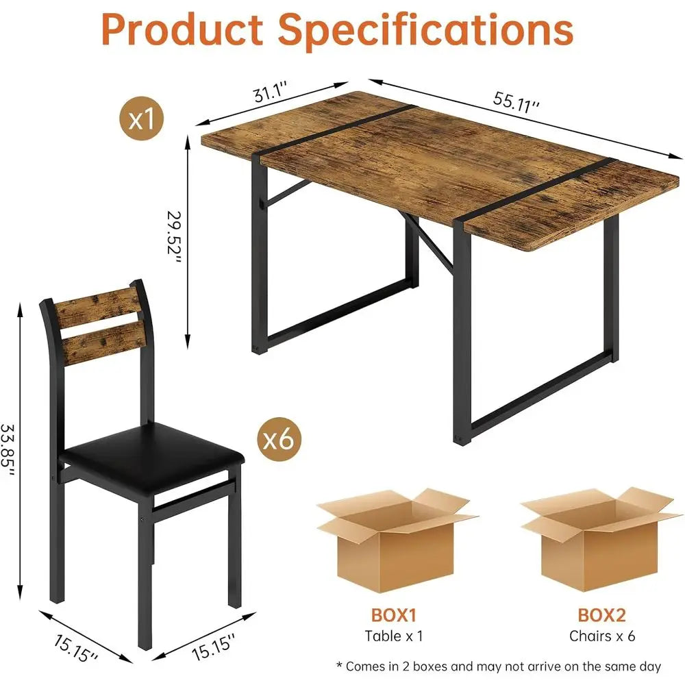 7-Piece Dining Table Set with 6 Chairs, 55" Wooden Kitchen Table & Chairs Set for 4-6, Dining Room Table and Chairs with Solid M