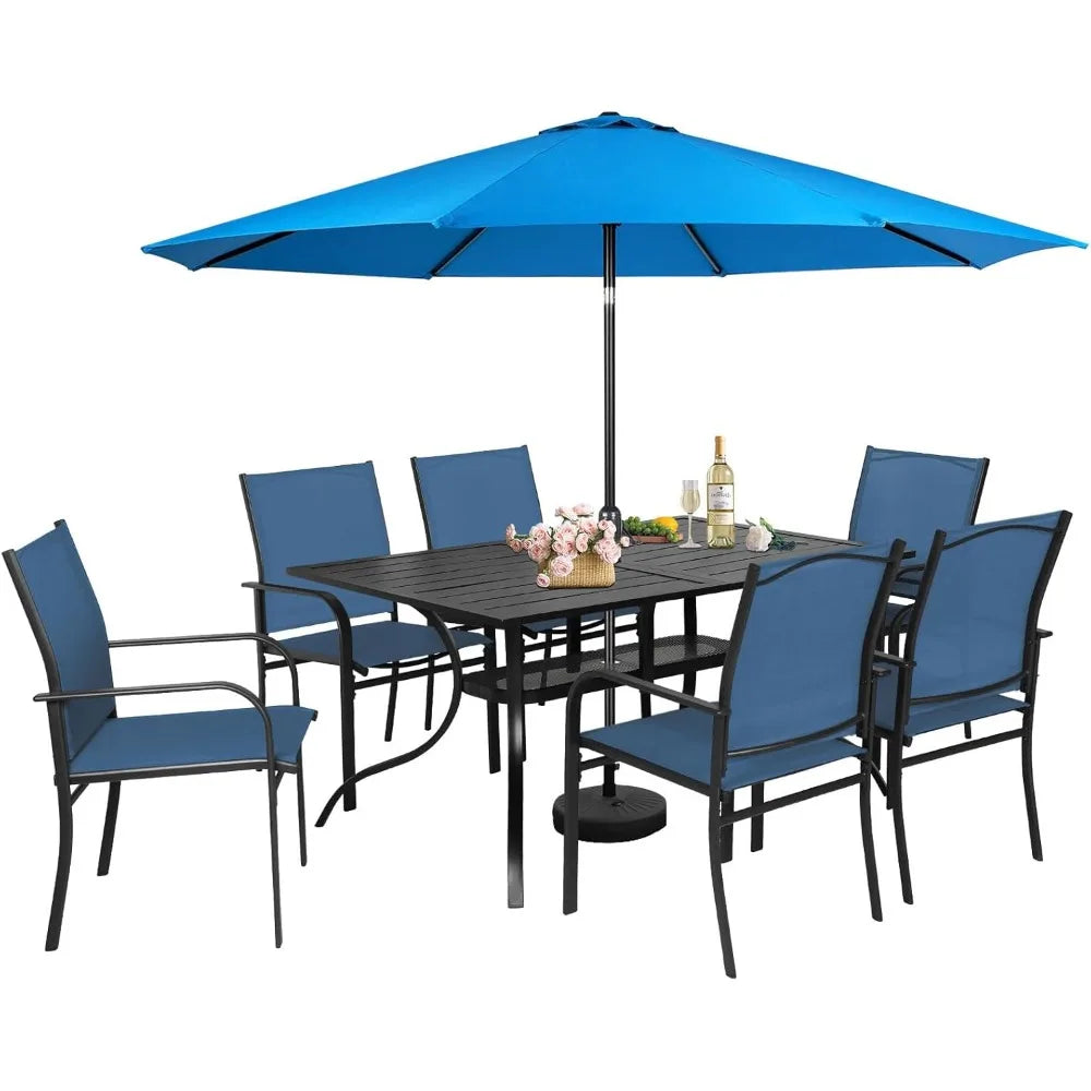 8 Pieces Patio Dining Set with Sky Blue Umbrella, Outdoor Dining Set of 6 Textilene Chairs and Rectangle Table with Umbrella Ho