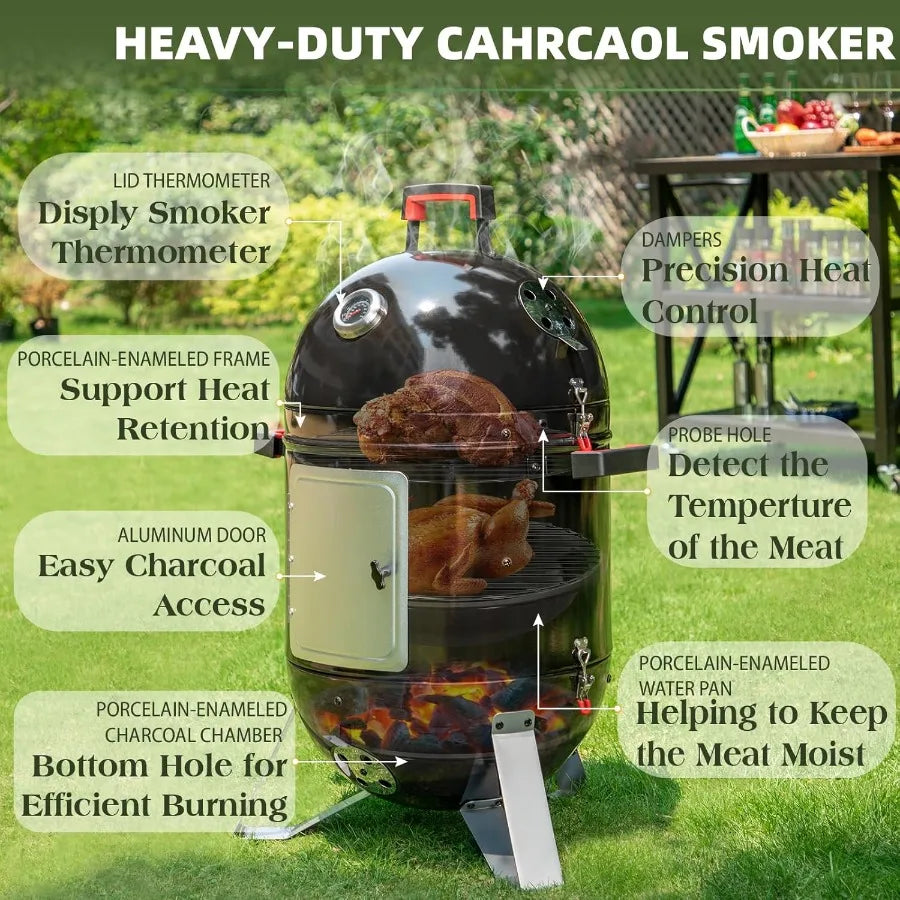18-Inch Vertical Charcoal Smokers BBQ Grills with Porcelain-Enameled Smoking Chamber and 2-Layer Smoking Shelves for Outdoor Ba