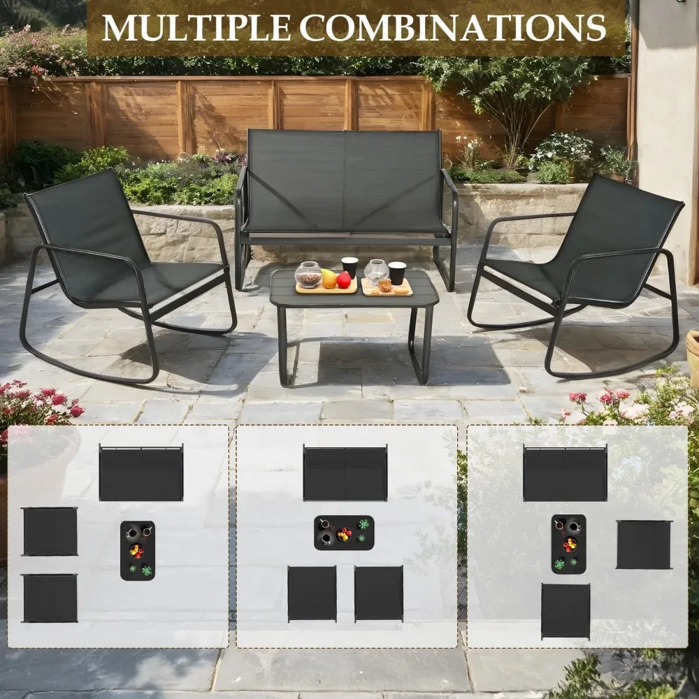 4 Piece Patio Furniture Set, Olefin Loveseat Outdoor Furniture with 2 Rocking Chairs, Patio Conversation Set with Coffee
