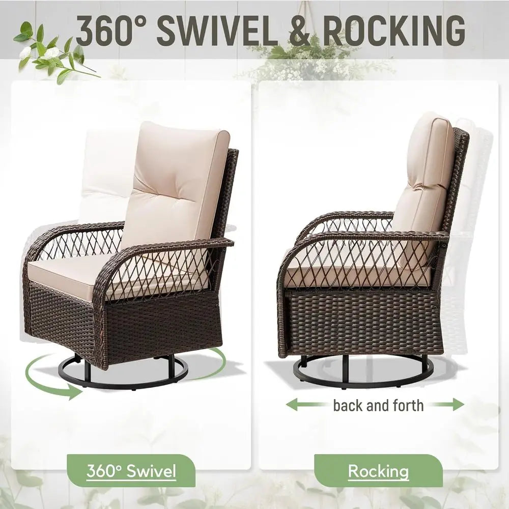 Luxury Brown/Beige Wicker 3-Piece Outdoor Swivel Rocker Set with Side Table and Cushions