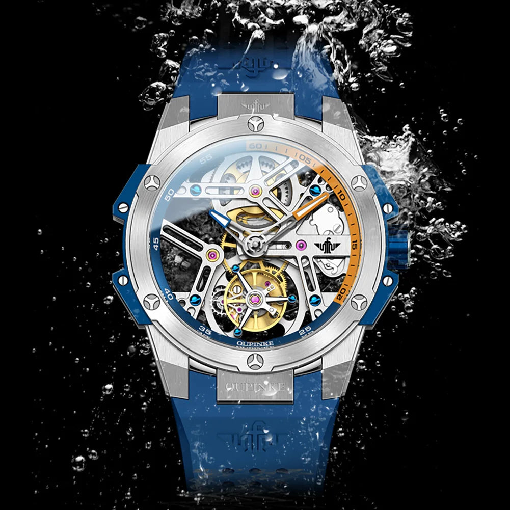 OUPINKE Tourbillon Movement Top Brand Men's Watches Waterproof Silicon Tape Automatic Mechanical Watch Hollow Out Original Watch