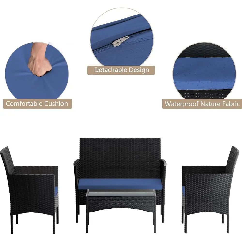 Dark Blue Outdoor Patio Conversation Set: 4-Piece Rattan Wicker Furniture with Sofa, Chairs & Glass Table for Garden, Poolside,