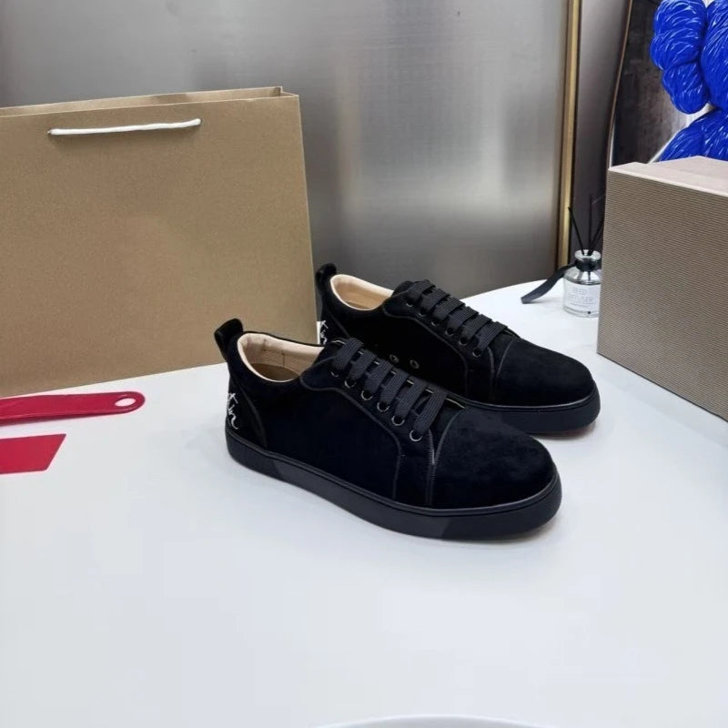 2025 New Breathable Couple Red Sole Shoes Genuine Leather Rivet Flat Casual Trendy Comfortable Unisex Footwear