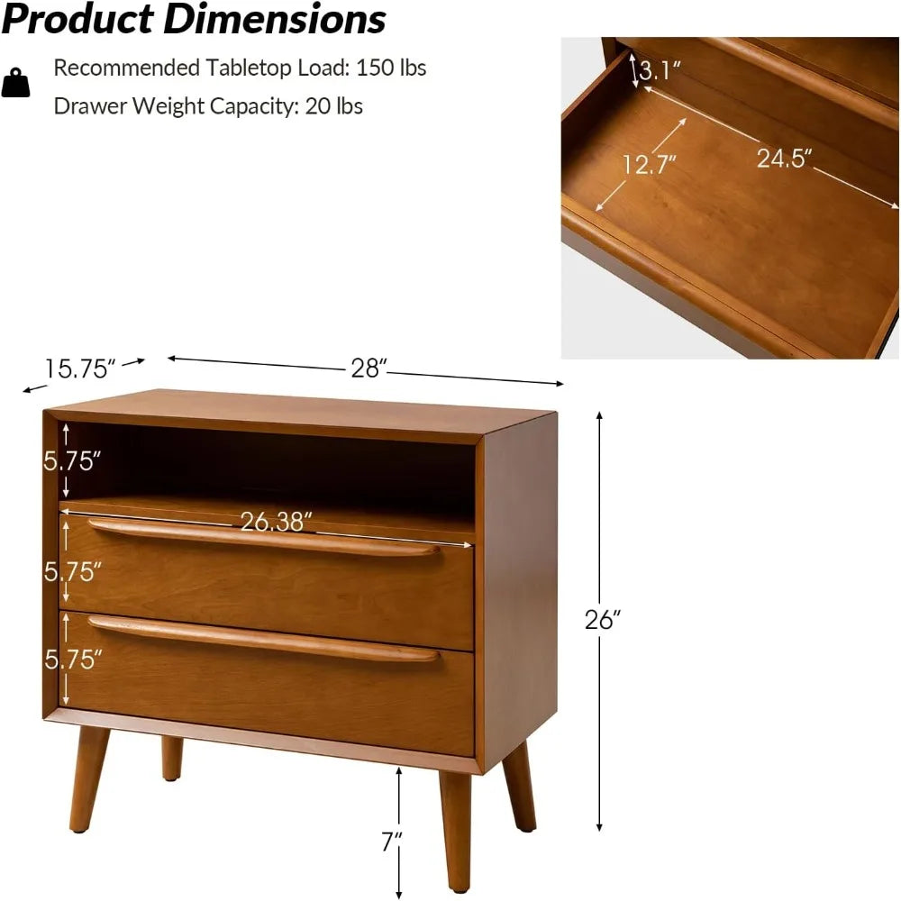 hulala home nightstand with charging station, mid-century modern 2 drawer and open shelf dresser for bedroom, fluted bedside tab