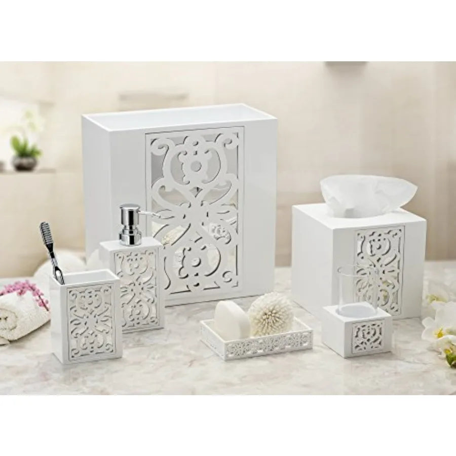 Mirror Janette White Bathroom Accessories Set Complete 6 Piece Bathroom Set Includes Soap Dispenser Toothbrush Holder Tumbler C