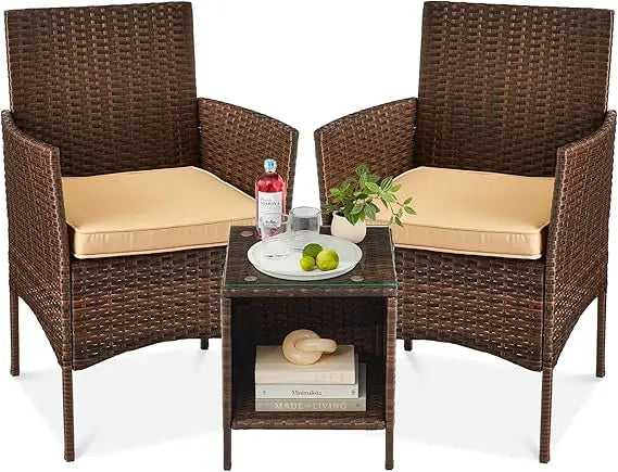 3-Piece Outdoor Wicker Conversation Bistro Set, Space Saving Patio Furniture for Garden w/Side Table - Gray/Navy