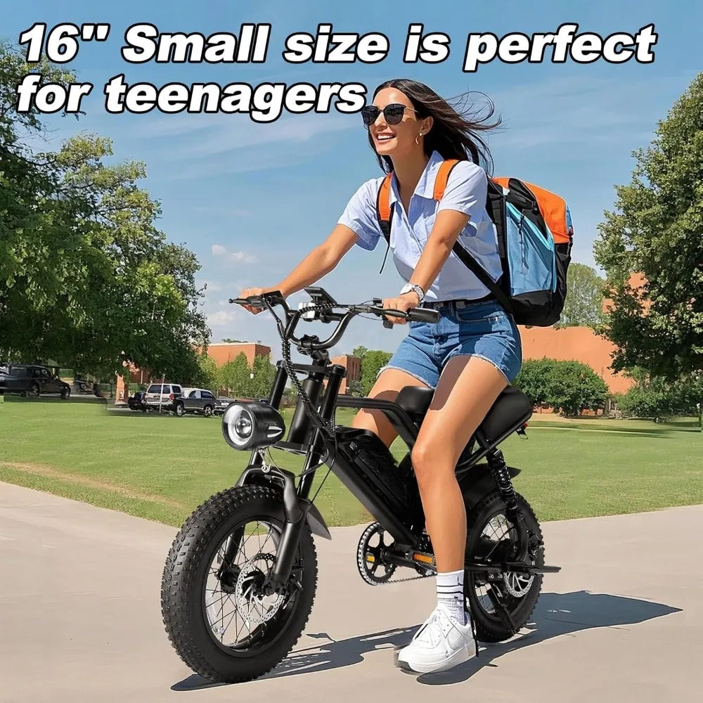 16'' Fat Tire Electric Bike for Teens/Adults 500W Motor 36V/12.8Ah Removable Battery 22MPH 40-50KM Range Small E-Bike Customized