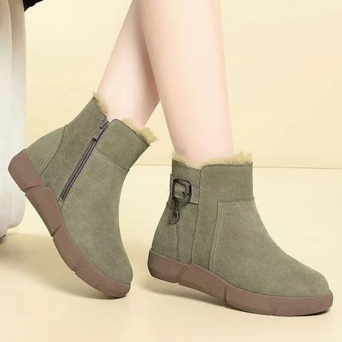 2025 Winter New Women's Suede Snow Boots - Plush Collar Warm  Shoes,  Platform Cotton Boots with Side Zipper and Metal Buckle
