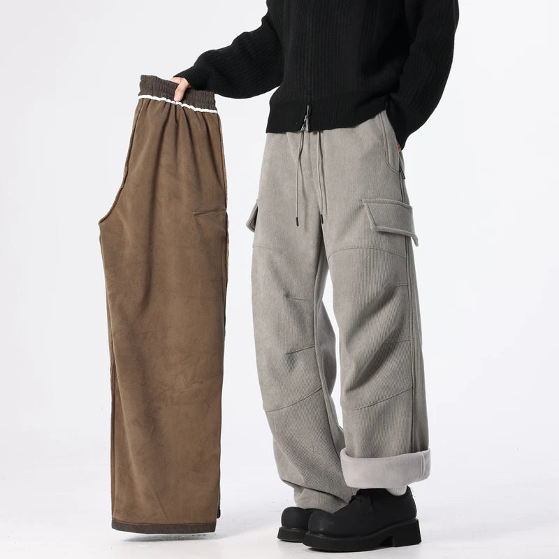 Men's Winter Cargo Pants Thickened Casual Straight Leg Trousers Solid Streetwear Comfortable Fabric Outdoor Unisex