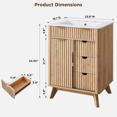 24" Fluted Bathroom Vanity with Ceramic Sink Combo，Freestanding Small Modern Bathroom Storage Vanity Cabinet with Sliding Door